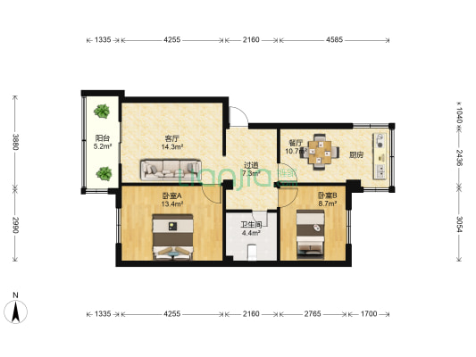 席子营粮机厂 2室2厅1卫 69平方