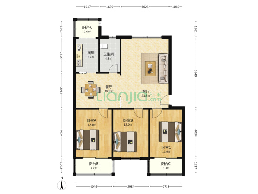 永康小区 3室2厅1卫 110平方