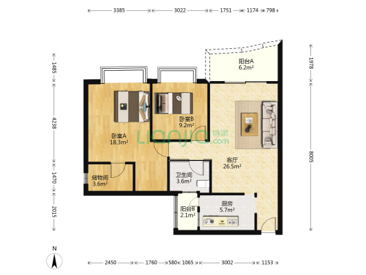 雅宝新城亚瑟公馆(五区) 2室1厅1卫 95平方