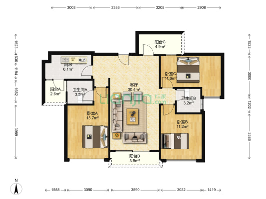碧桂园保利天启 3室1厅2卫 110平方