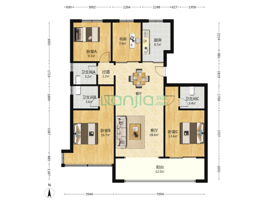 华新园·东宸府 4室1厅3卫 141平方