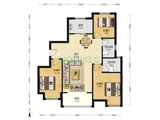 大唐芙蓉郡 3室1厅2卫 117平方