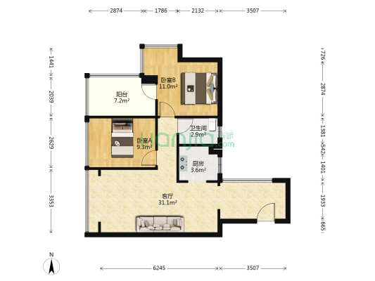 恒立听海花园 2室1厅1卫 68平方