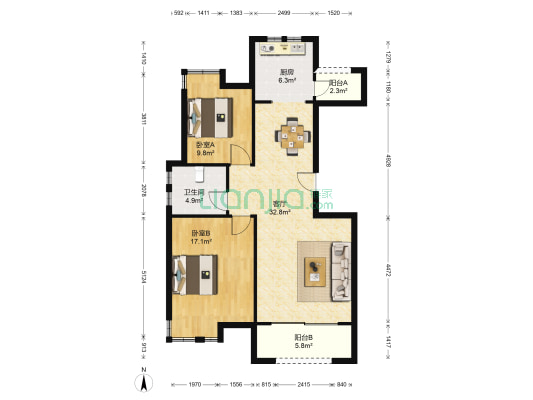 绿地世纪城国际花都南苑 2室1厅1卫 100平方