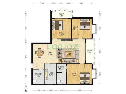 龙江锦苑 3室1厅2卫 127平方