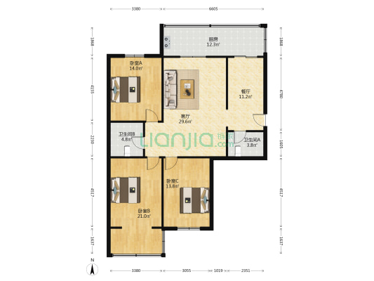省物资学校宿舍 3室2厅2卫 121平方