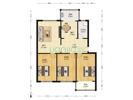 镇政府家属楼 3室2厅1卫 111平方