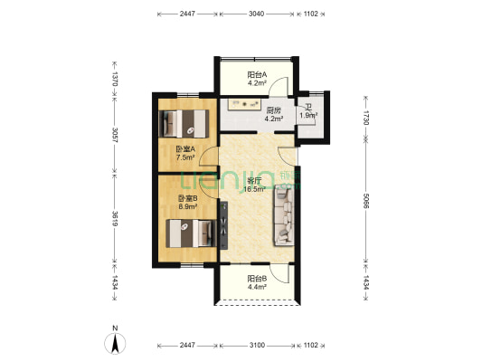 铁路大院 2室1厅1卫 59平方