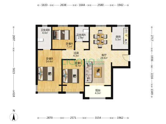 融信融园 3室1厅2卫 109平方