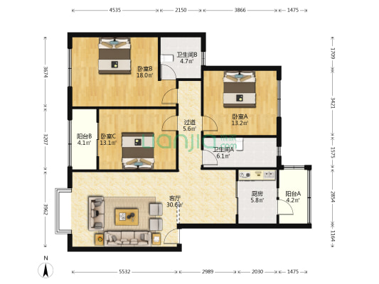 紫景园 3室1厅2卫 123平方