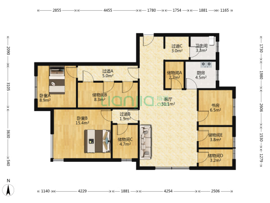 名都广场 3室1厅1卫 149平方