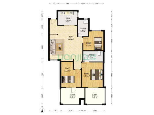 财和湘域湾 3室1厅2卫 89平方