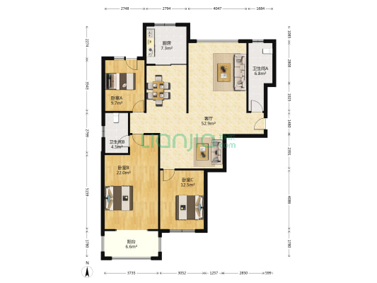 洄龙小区 3室1厅2卫 160平方