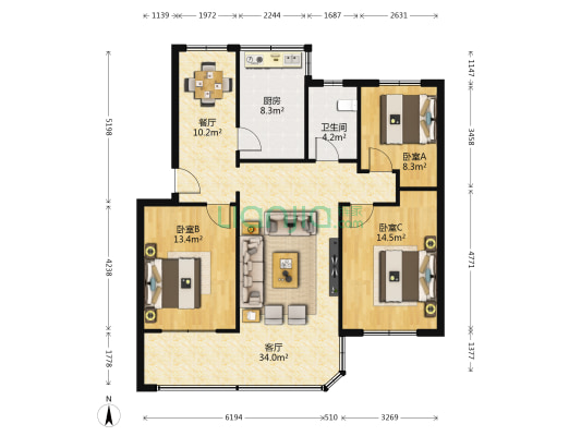 南湖市场宿舍 3室2厅1卫 106平方