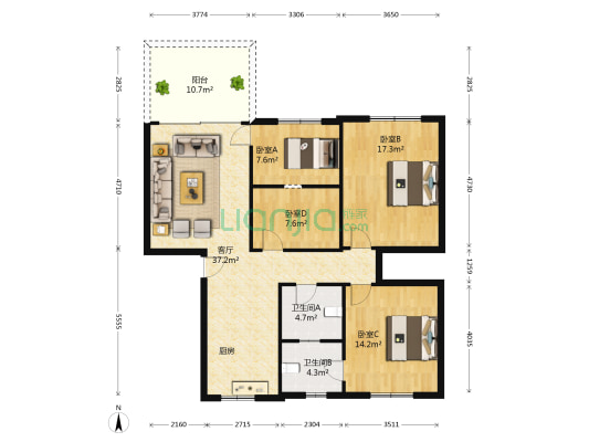 龙腾花园1期 4室1厅2卫 117平方