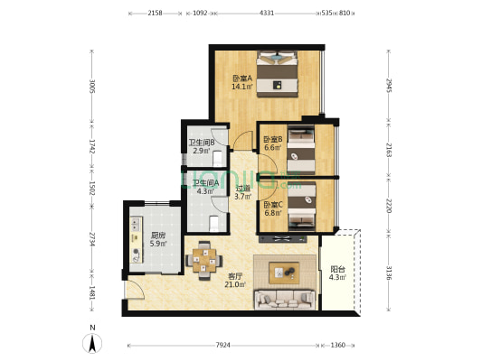 四海臻邸 3室1厅2卫 90平方