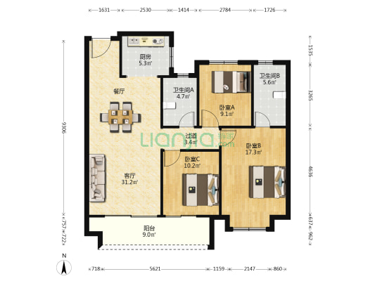 君安华庭 3室1厅2卫 128平方