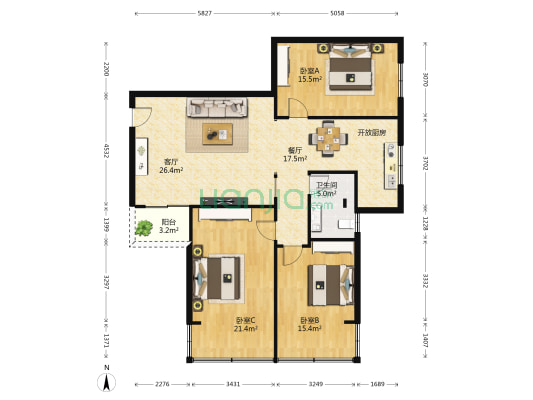 海口市自然资源和规划局美兰分局宿舍 3室2厅1卫 105平方