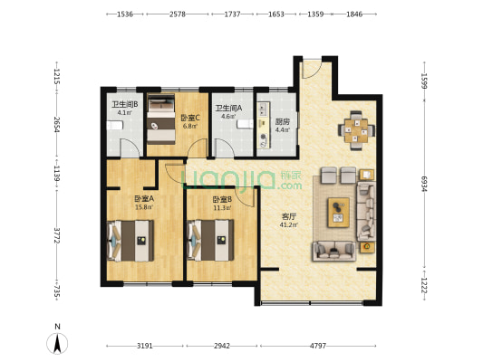 大众置业上河湾 3室1厅2卫 113平方