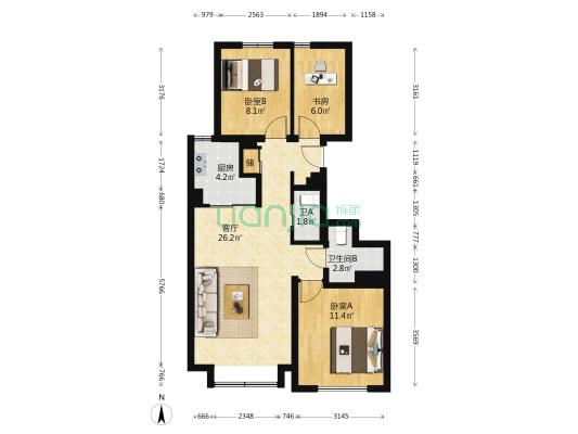 海淀幸福里 3室1厅2卫 99平方