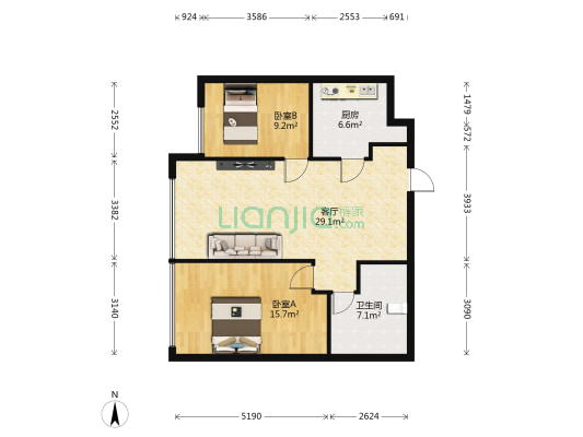 昆仑中心 2室1厅1卫 100平方
