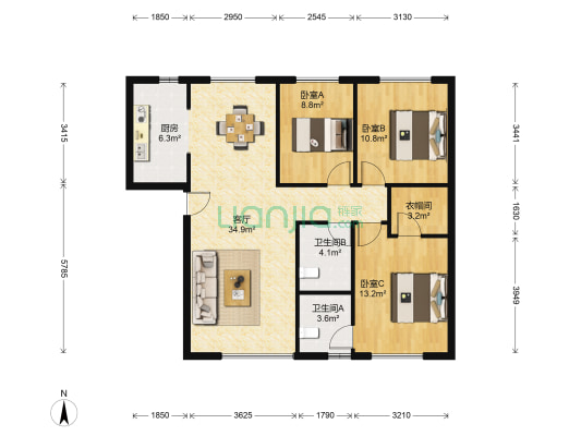 西美70后院 3室1厅2卫 118平方