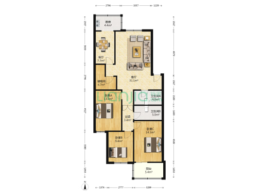 核七院 3室2厅2卫 124平方