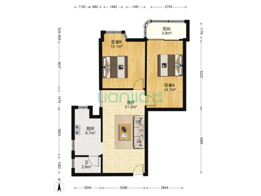 金地大厦 2室1厅1卫 86平方