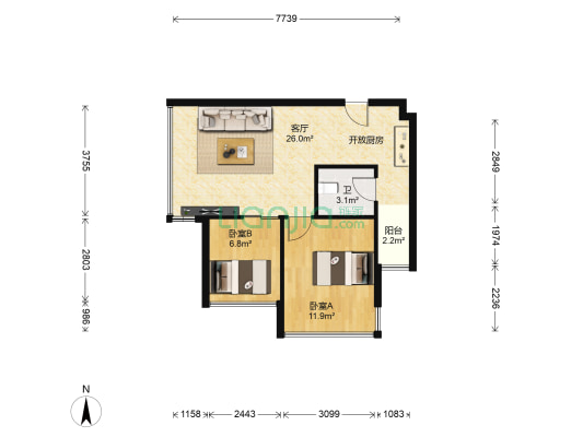 盛天公馆 2室1厅1卫 54平方