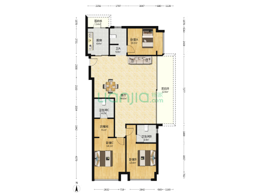 时代汀蓝 3室1厅3卫 149平方