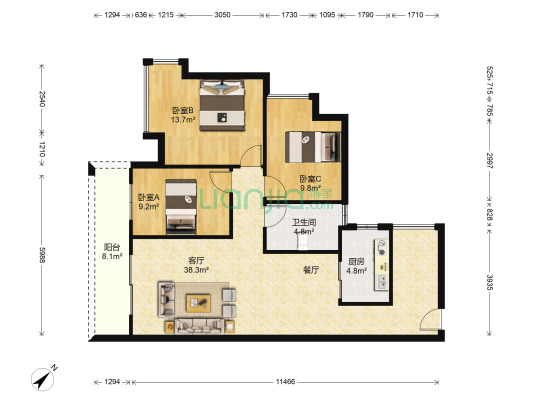 天利中央花园 3室1厅1卫 96平方