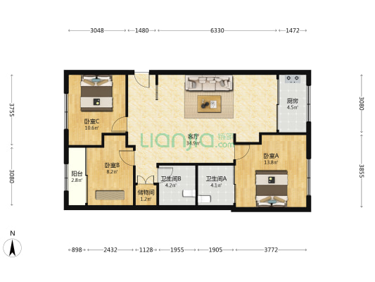 永安大厦 3室1厅2卫 105平方