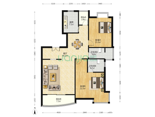 东方花园（吴江） 2室1厅2卫 130平方