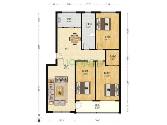 东升龙华园C区 3室1厅1卫 137平方