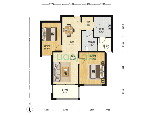 品尊国际二期 2室2厅1卫 95平方