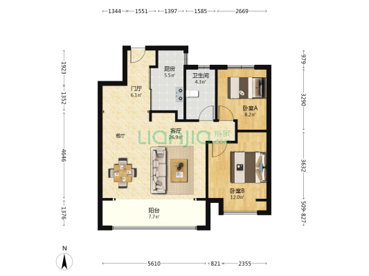 绿地新里里尔公馆 2室1厅1卫 92平方