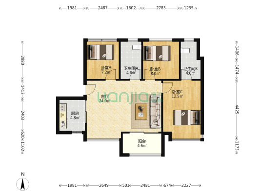 大华东郡府 3室1厅2卫 88平方