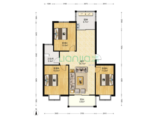 新香草苑 3室1厅1卫 110平方