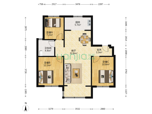 天鸿公园大道 3室1厅1卫 110平方