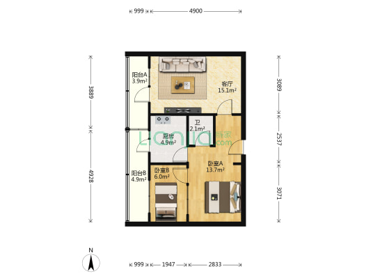 兰州市七里河区市一医院家属院 2室1厅1卫 50平方