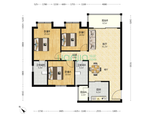 松林苑东区 3室1厅2卫 125平方