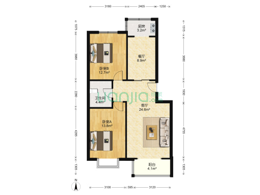 水岸蓝庭 2室2厅1卫 93平方