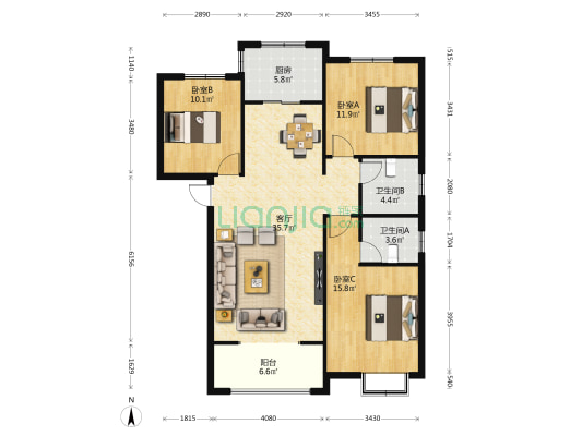华源名城 3室1厅2卫 126平方