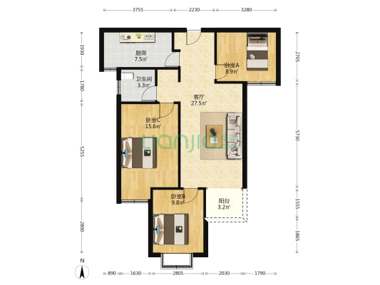 悦龙台 3室1厅1卫 102平方
