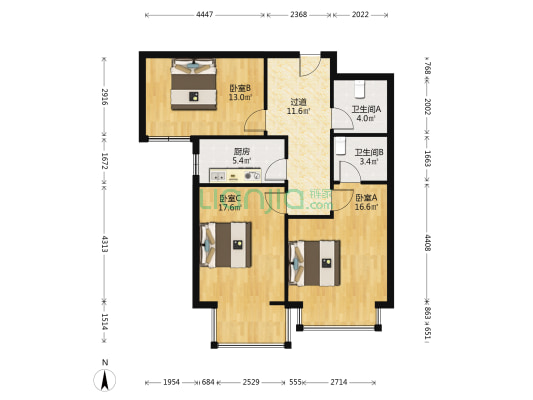 彩虹城B区 3室0厅2卫 97平方