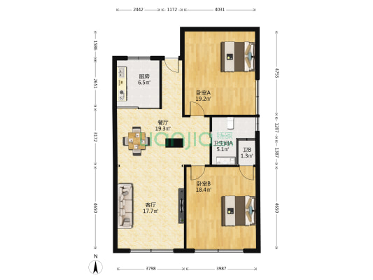 华盛大楼 2室2厅2卫 118平方