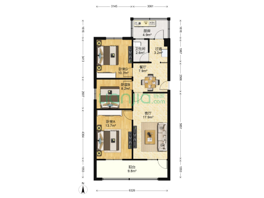 永达商住房 3室2厅1卫 93平方