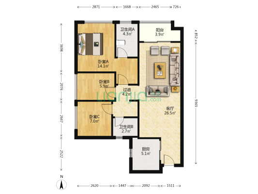卓越万科朗润园 3室1厅2卫 88平方