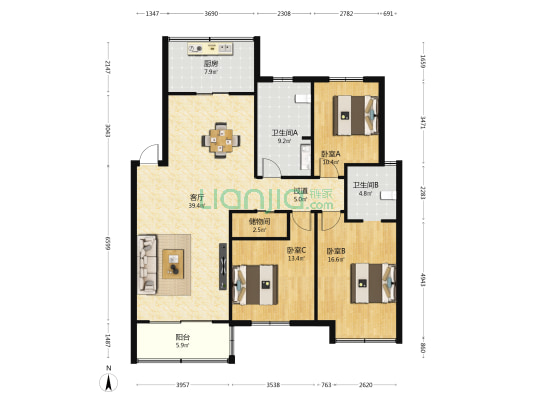鸿海花苑 3室1厅2卫 136平方