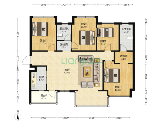 华润置地时代之城四期(时代悦玺) 4室1厅3卫 136平方